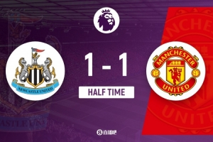 半场-曼联1-1纽卡 拉姆塞被罚下B费送点戈登点射卡塞米罗扳平