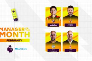 英超2月最佳主帅候选：卡里克、瓜迪奥拉、斯洛特入选 无阿尔特塔