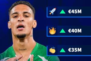 32场11球9助！德转预热安东尼身价：最低涨至3200万欧 最高4500万