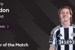 打进唯一进球，英超官方：戈登当选纽卡1-0切尔西全场最佳球员