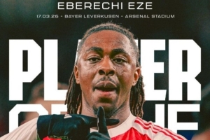 世界波破门，埃泽当选阿森纳2-0勒沃库森球迷票选队内最佳球员